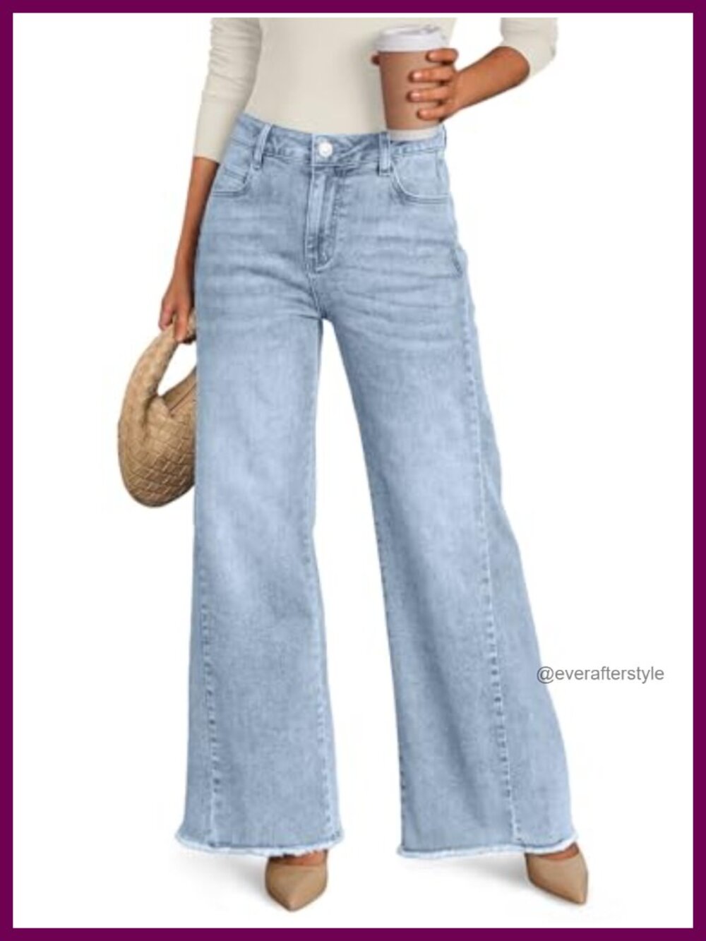 Wide Leg Jeans Raw Hem Mid Rise Stretch Denim Relaxed Fit Pants